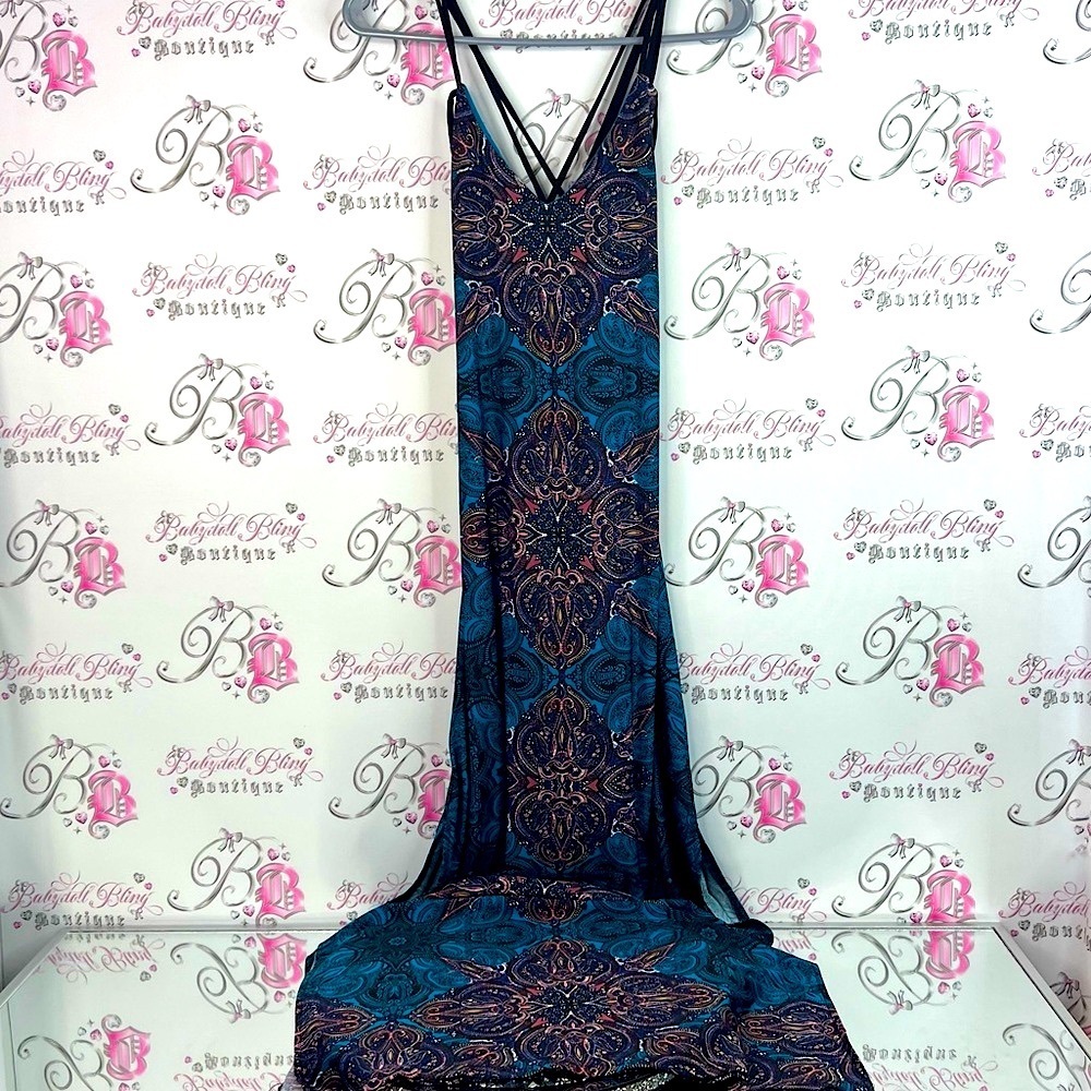 Dress long maxi criss cross strappy Elegant Blue and Black Patterned Dress